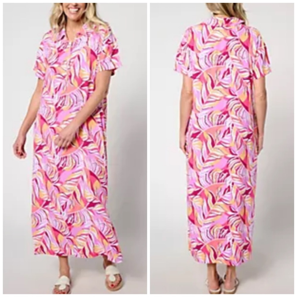 Stan Herman Button Placket Woven Caftan Dress